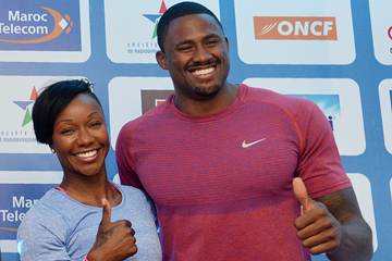 Carmelita Jeter and David Oliver at the press conference for the IAAF Diamond League meeting in Rabat (Kirby Lee)