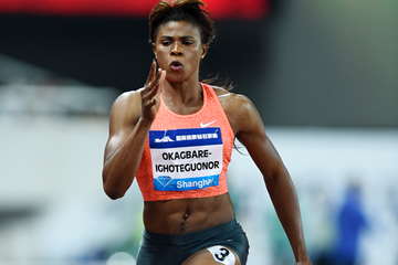 Blessing Okagbare on her way to winning the 100m at the IAAF Diamond League meeting in Shanghai (Errol Anderson)