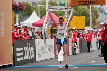 Russia's Mikhail Ryzhov wins the 50km at the 2014 IAAF World Race Walking Cup in Taicang (Getty Images)