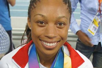 Allyson Felix in Daegu with the latest additions to her medal collection (Kirby Lee)