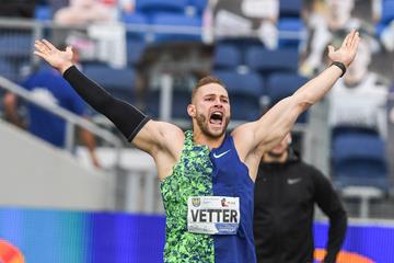 Johannes Vetter celebrates his 97.76m throw in Silesia (Organisers)
