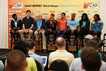 Athletes talk at the press conference ahead of the IAAF/BTC World Relays Bahamas 2017 (Getty Images)