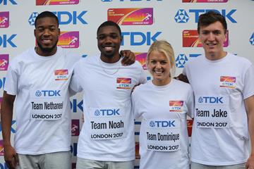 Nethaneel Mitchell-Blake, Noah Lyles, Dominique Scott and Jake Wightman at the TDK Rising Stars Clinic in London (organisers)
