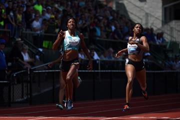Shaunae Miller wins the 400m at the 2016 IAAF Diamond League meeting in Eugene (Kirby Lee)