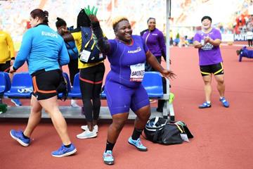Raven Saunders dancing on the sidelines during the women's shot put at the Continental Cup (Getty Images)
