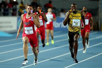 USA's Ryan Bailey and Jamaica's Usain Bolt in the 4x100m final at the IAAF/BTC World Relays, Bahamas 2015 (Getty Images)