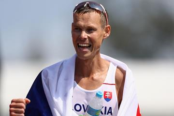 Matej Toth after winning gold in the men's 50km race walk at the 2016 Rio Olympic Games (Getty)