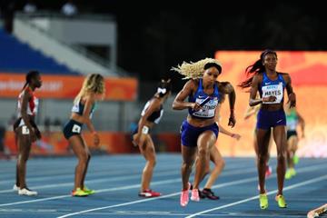 Natasha Hastings of the US in action in the 4x400m heats in Nassau (Getty Images)