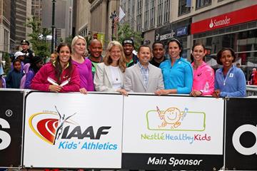 Elite athletes and mentors at the IAAF / Nestlé Kids’ Athletics event in New York, June 2014; with Chavanne Hanson (Nutrition Communications Manager, Nestlé USA) and Spencer Nel  (adidas Head of Global Sports Marketing Running/Track and Field) (Victah Sailer / IAAF)