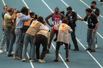 Bruny Surin after winning the 60m at the 1995 IAAF World Indoor Championships (Getty Images)