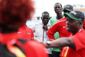 Gai Nyang Tap and Dominic Lokinyomo Lobalu of the Athlete Refugee Team speak to team Kenya during practice prior to the IAAF / BTC World Relays Bahamas 2017 (Getty Images)
