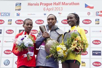 Worknesh Degefa, Gladys Cherono and Isabella Ochichi on the podium at the 2013 Hervis Prague Half Marathon (Hervis Prague Half Marathon )