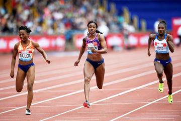 Marie-Josee Ta Lou, Elaine Thompson and Dina Asher-Smith in action at the IAAF Diamond League meeting in Birmingham (AFP / Getty Images)