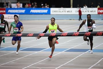 Demek Kemp wins the 60m at the World Athletics Indoor Tour meeting in Boston (Victah Sailer)