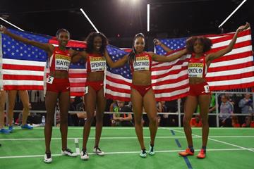 The US women's 4x400m team after winning gold at the IAAF World Indoor Championships Portland 2016 (Getty Images)
