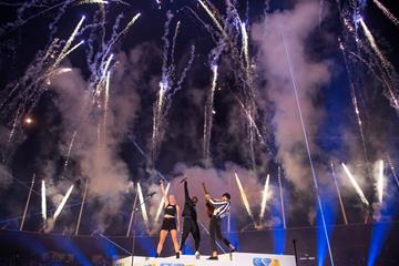 Sandi Morris and Noah Lyles perform 'Souvenir' at the 2019 Weltklasse meeting in Zurich (Organisers)
