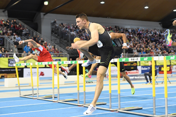 Andy Pozzi in the 60m hurdles at the IAAF World Indoor Tour meeting in Karlsruhe (Jiro Mochizuki)