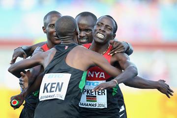 (L-R) Sammy Kibet, Job Koech Kinyor, Ferguson Cheruiyot Rotich and Kirongo Alfred Kipketer of Kenya celebrate after winning the Mens 4x800 metres relay  (Getty Images)