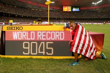 Ashton Eaton with his decathlon world record figures at the IAAF World Championships, Beijing 2015 (Getty Images)