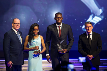 The 2016 IAAF World Athletes of the Year Almaz Ayana and Usain Bolt with HSH Prince Albert II of Monaco and IAAF President Sebastian Coe (Philippe Fitte / IAAF)