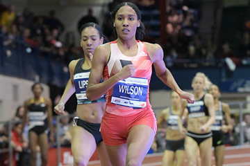 Ajee Wilson wins the 800m at the Millrose Games (Kirby Lee)