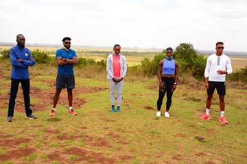From left: Leonard Bett, Collins Omae, Mercy Cherono, Kristal Awuah and Tazana Kamanga- Dyrbak at the pre-meet press conference in Nairobi National Park (LOC)