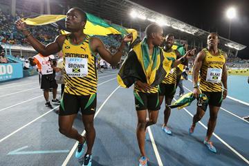 Jamaican quartet after their men's 4x200m World record at the 2014 IAAF World Relays (Getty Images)