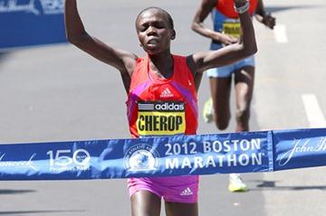 Sharon Cherop wins the women's race at the 2012 BAA Boston Marathon (Victah Sailer)
