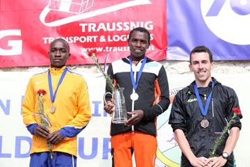 Men's 2016 Smarna Gora podium - runner-up Victor Kiplangat, winner Petro Mamu and third place finisher Andrew Douglas (Smarna Gora organisers)
