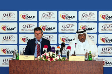 IAAF President Sebastian Coe and Qatar Athletics Federation President Dahlan Al Hamad in Doha (QAF)