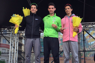 Men's podium at La Coruna, from left: runner-up Perseus Karlström, winner Álvaro Martín and Hassanine Sbai (Luis Gómez)