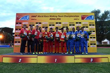 The men's 20km team podium at the IAAF World Race Walking Team Championships Rome 2016 (Getty Images)