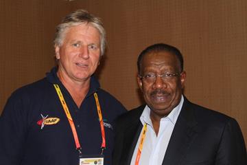 Asia and Oceania Area Association presidents Geoff Gardiner and Dahlan Jumaan Al Hamad ahead of the IAAF Continental Cup, Marrakech 2014 (David Tarbotton)