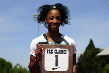 Kendra Harrison after winning the 100m hurdles at the 2016 IAAF Diamond League meeting in Eugene (Kirby Lee)