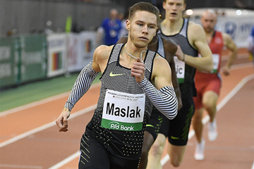 Pavel Maslak on his way to winning the 400m at the IAAF World Indoor Tour Meeting in Dusseldorf (Gladys Chai von der Laage)