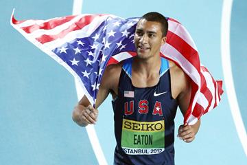 Ashton Eaton celebrates his victory at the 2012 IAAF World Indoor Championships (Getty Images)