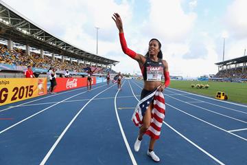 Sanya Richards-Ross of the United States waves to fans after winning the women's 4x400m at the IAAF World Relays (Getty Images)