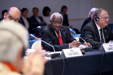 IAAF President Lamine Diack during the IAAF Council meeting, 18 November 2014 (Jon Mulkeen / IAAF)
