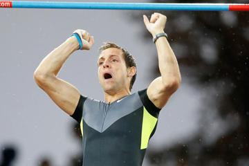 Renaud Lavillenie celebrates his victory at the Diamond League final in Zurich (Gladys Chai)
