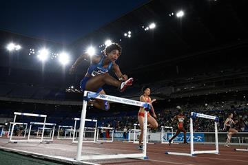 USA's Sharika Nelvis in the mixed shuttle hurdles relay at the IAAF World Relays Yokohama 2019 (Getty Images)