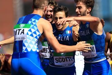 The Italian team after winning the 4x400m at the IAAF World U20 Championships Tampere 2018 (Getty Images)