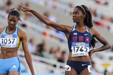 Ashley Spencer of United States celebrates after winning the Women's 400 metres Final on the day four of the 14th IAAF World Junior Championships in Barcelona on 13 July 2012 (Getty Images)