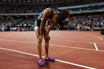 Kendra Harrison after breaking the world 100m hurdles record at the IAAF Diamond League meeting in London (Getty Images)