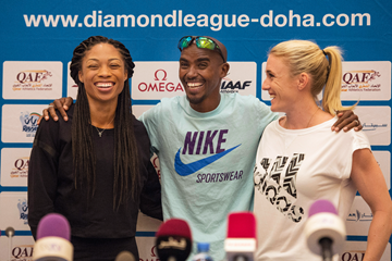 Allyson Felix, Mo Farah and Sally Pearson at the press conference ahead of the IAAF Diamond League meeting in Doha (DECA Text & Bild)
