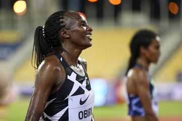 Hellen Obiri after winning the 3000m at the Wanda Diamond League meeting in Doha (AFP / Getty Images)
