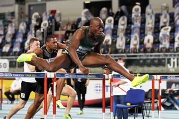 Grant Holloway wins the 60m hurdles at the World Athletics Indoor Tour Gold meeting in Torun (Jean-Pierre Durand)