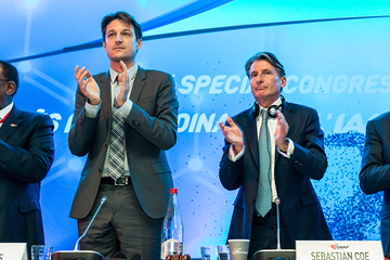 IAAF Chief Executive Officer Olivier Gers and IAAF President Sebastian Coe at the IAAF Special Congress in Monaco (Philippe Fitte / IAAF)