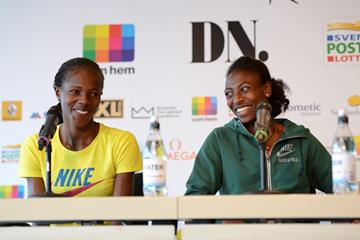 Eunice Sun and Abeba Aregawi at the pre-event press conference of the 2013 IAAF Diamond League meeting in Stockholm (Anders and Hasse Sjogren)