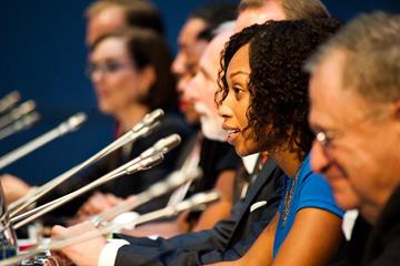 Allyson Felix speaking on behalf of the Eugene 2019 delegation (Jon Mulkeen / IAAF)