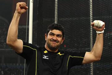 Dilshod Nazarov of Tajikistan celebrates his win in the hammer (Getty Images)